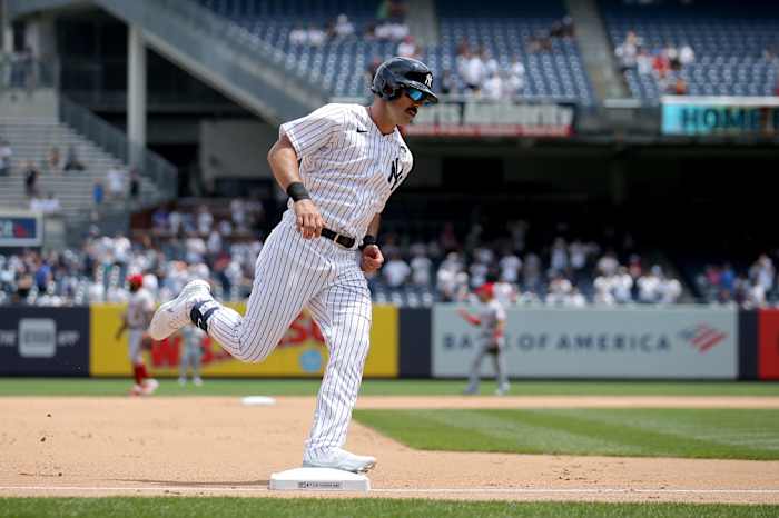 New York Yankees DH Matt Carpenter rounds bases on home run